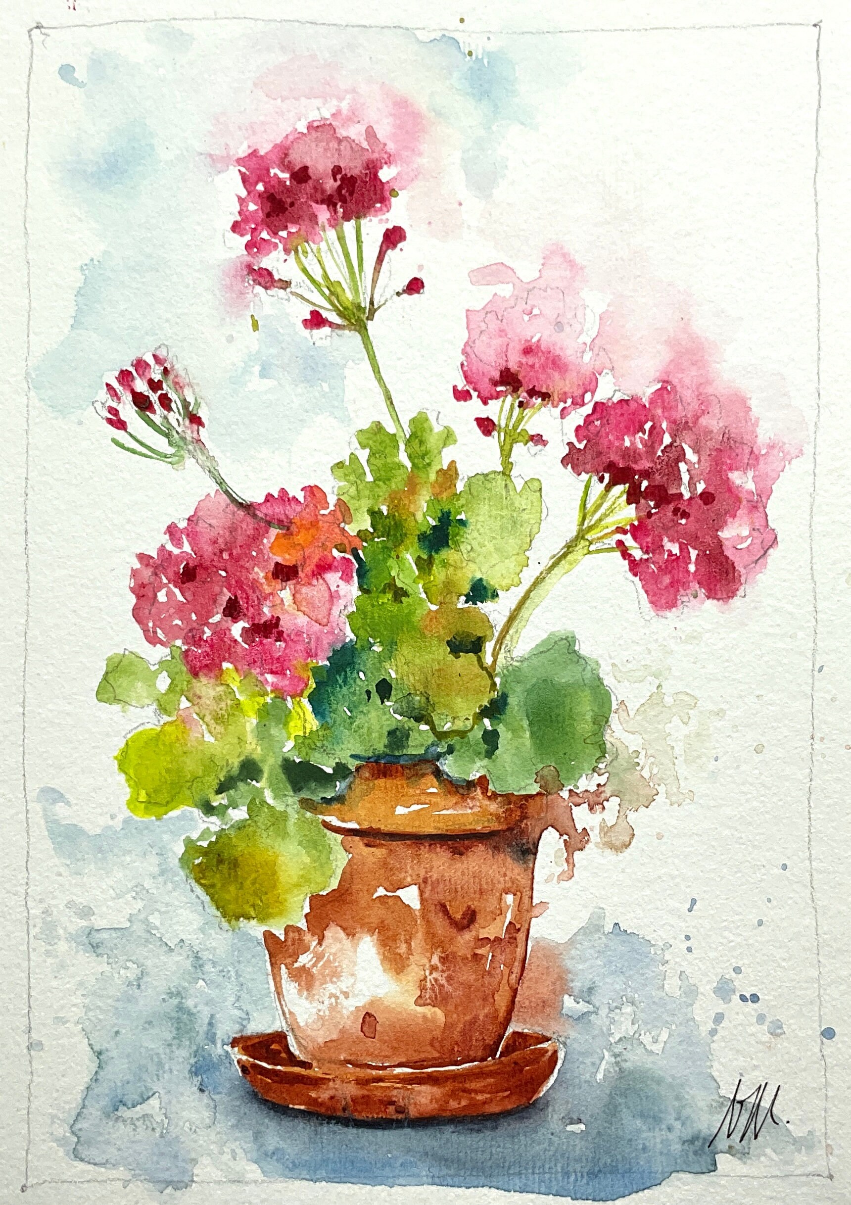 ピンクのゼラニウムの花の絵画、庭からのピンクの夏の花のオリジナルの