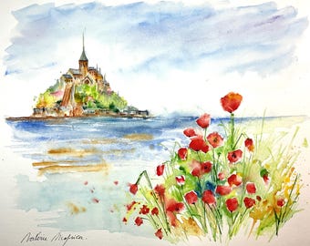 原画#3844　モンサンミシェル　ピアノ　水彩画　ドローイング　絵画　アート　絵 フランス、ノルマンディーのモン・サン・ミシェルの絵画、修道院