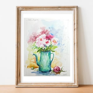 Acquerello originale di un bouquet di peonie, dipinto di rose di peonia, fiori rosa in un vaso, peonie dal giardino, regalo per lei