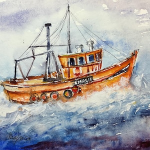 外洋に浮かぶカラフルな漁船の絵画、漁船の水彩画、海の風景、海のオレンジ色のトロール船