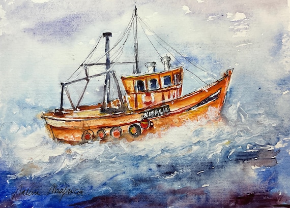 外洋に浮かぶカラフルな漁船の絵画、漁船の水彩画、海の風景、海の