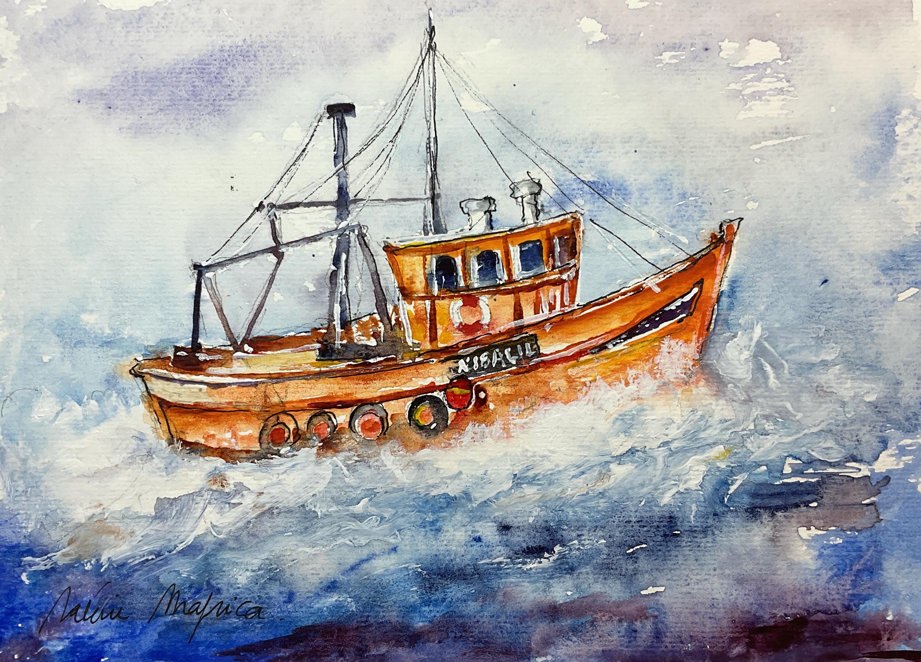 水彩画 船の風景 外洋に浮かぶカラフルな漁船の絵画、漁船の水彩画、海の風景、海