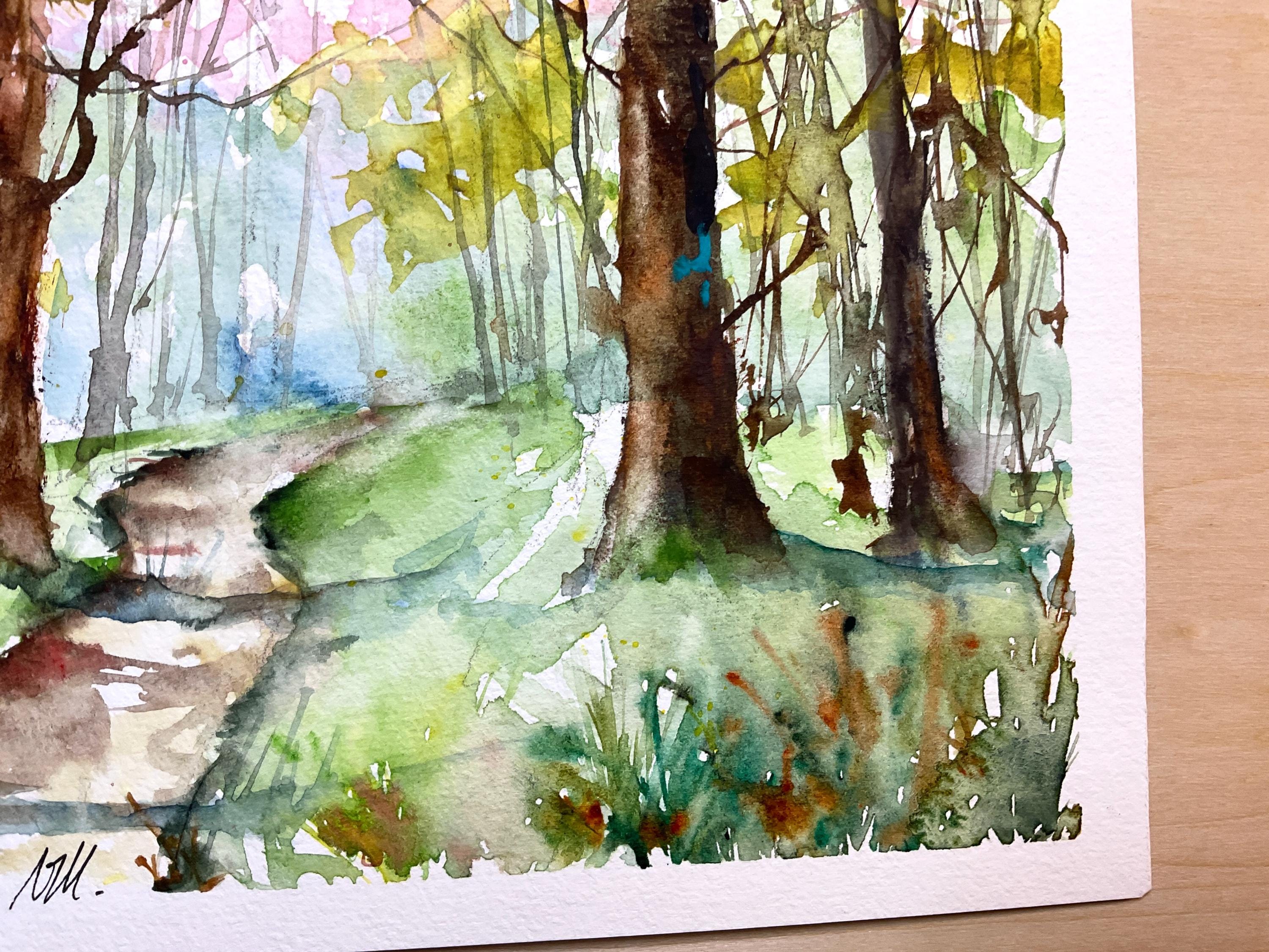 水彩画の春の森の風景、明るい下草のオリジナル絵画、緑の森の壁の装飾