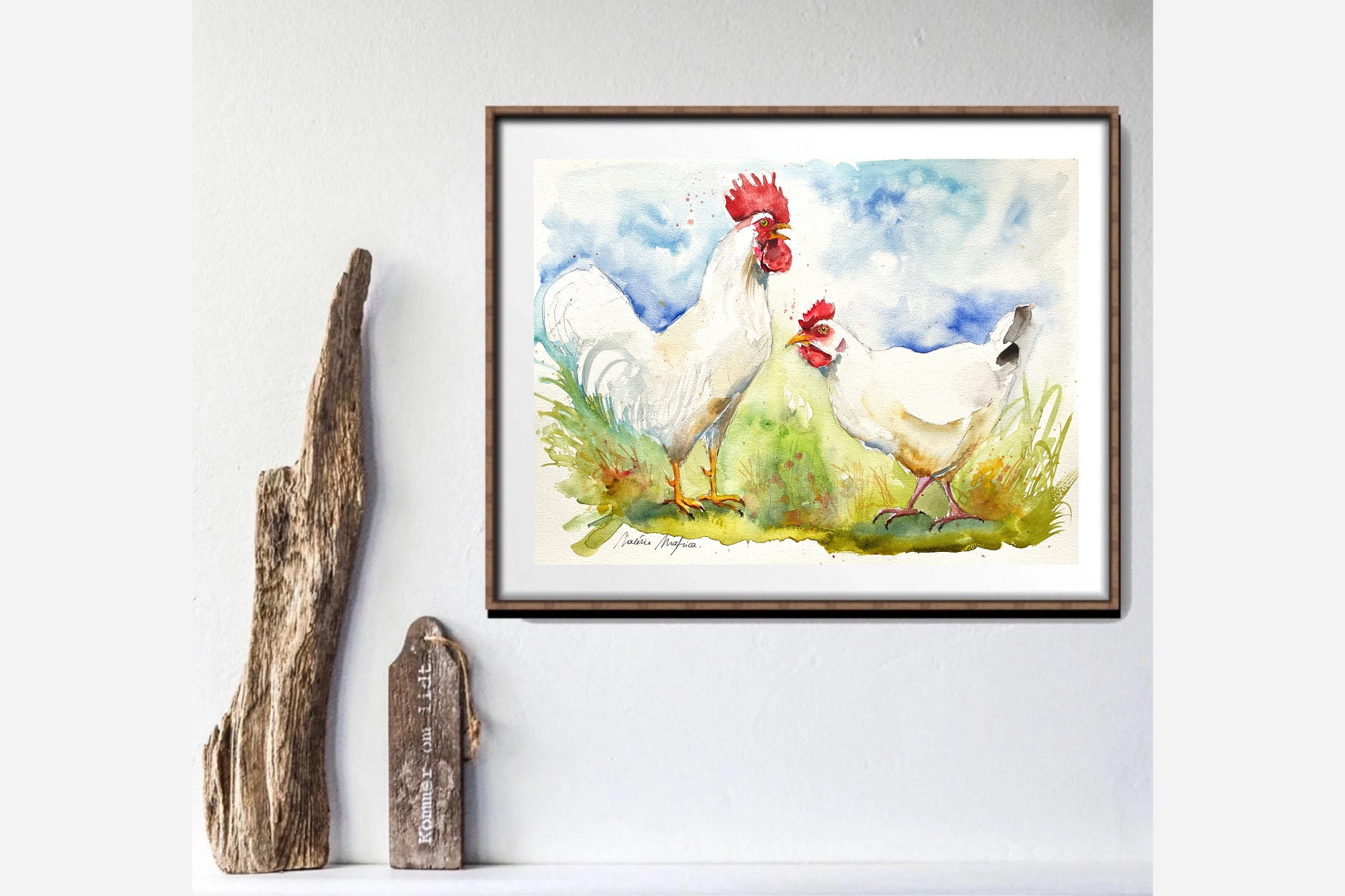 白い雌鶏と雄鶏の絵画、カップルのオリジナルの水彩画、農場の家禽の