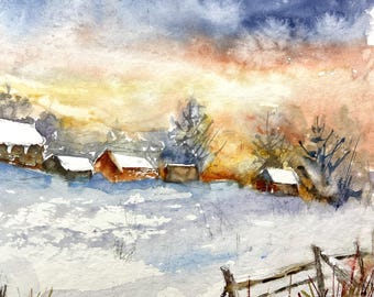 雪に覆われた田舎の夕焼けの風景のオリジナル絵画、雪の中の冬の家の