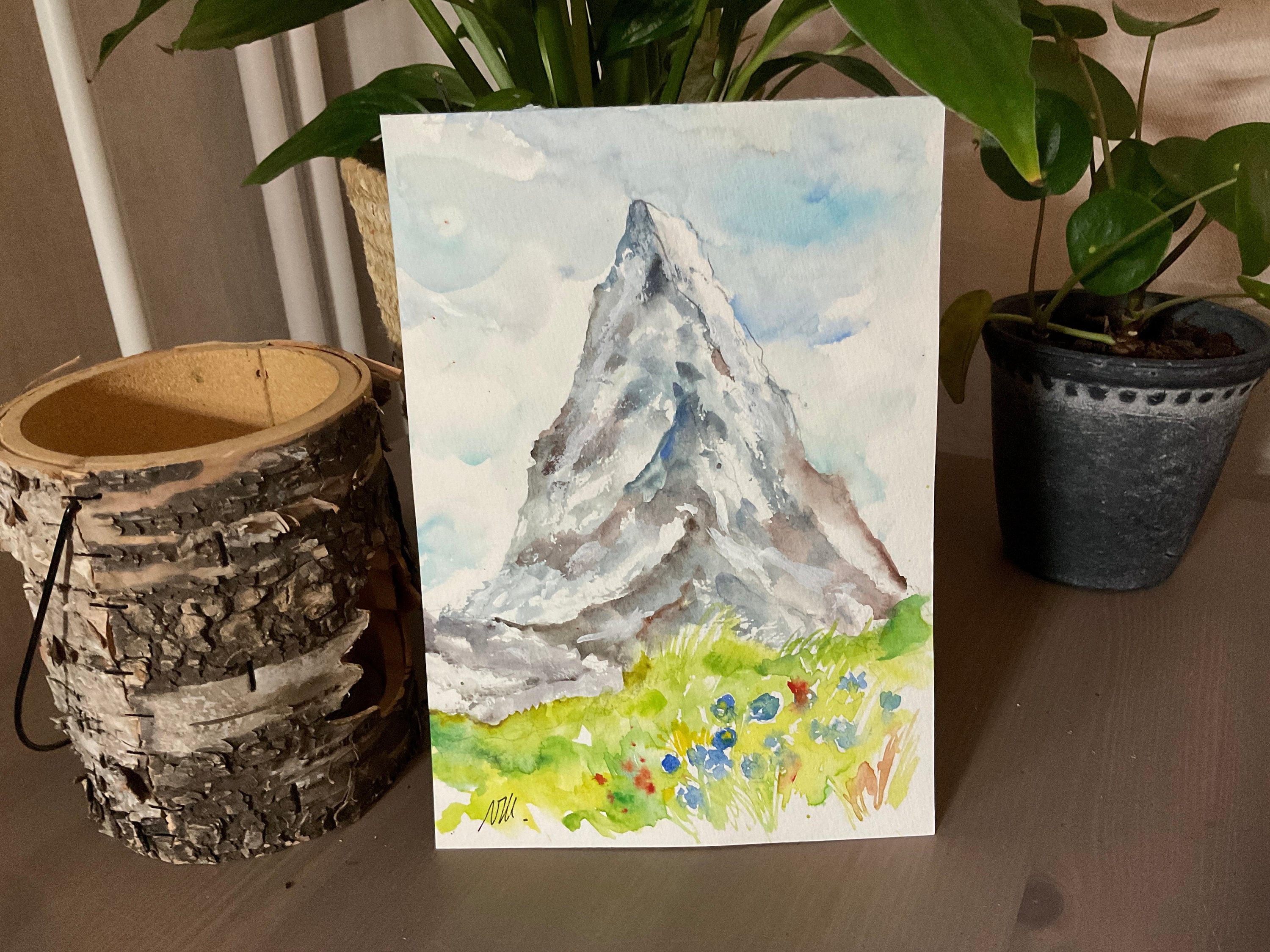 夏のマッターホルン山の水彩画、スイスアルプスのマッターホルンの風景