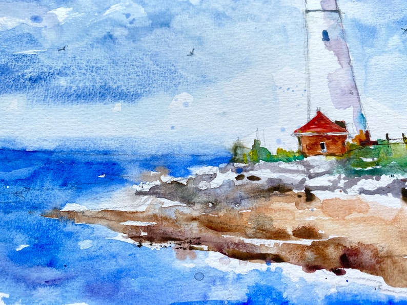 Original lighthouse watercolor, Crisp Point Michigan lighthouse on Lake Superior, original watercolor seascape, lighthouse painting artwork image 6