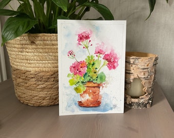 ピンクのゼラニウムの花の絵画、庭からのピンクの夏の花のオリジナルの
