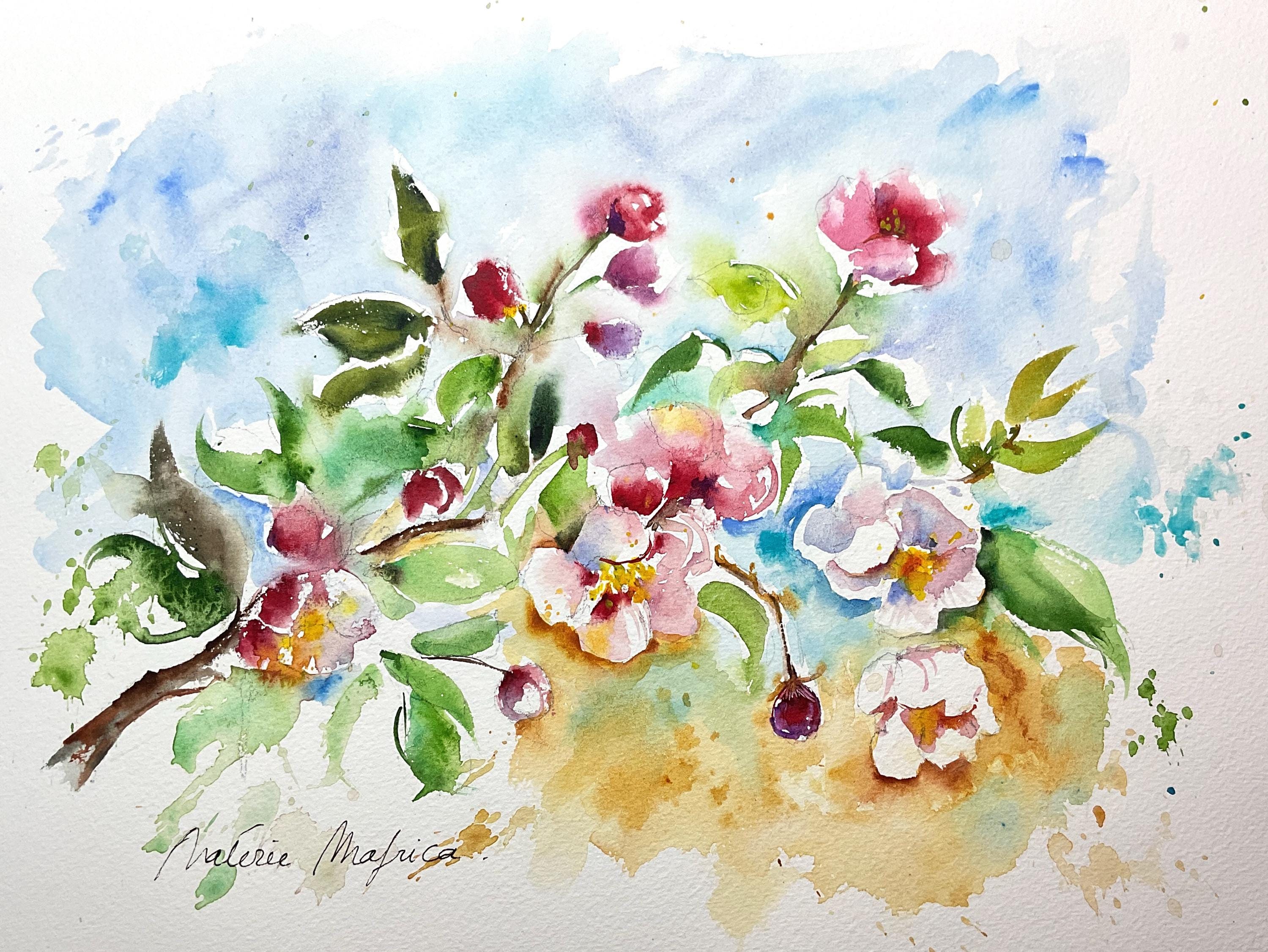 水面の花 絵画 春のリンゴの花の水彩画、ピンクの木の花の花束のオリジナル絵画、再生