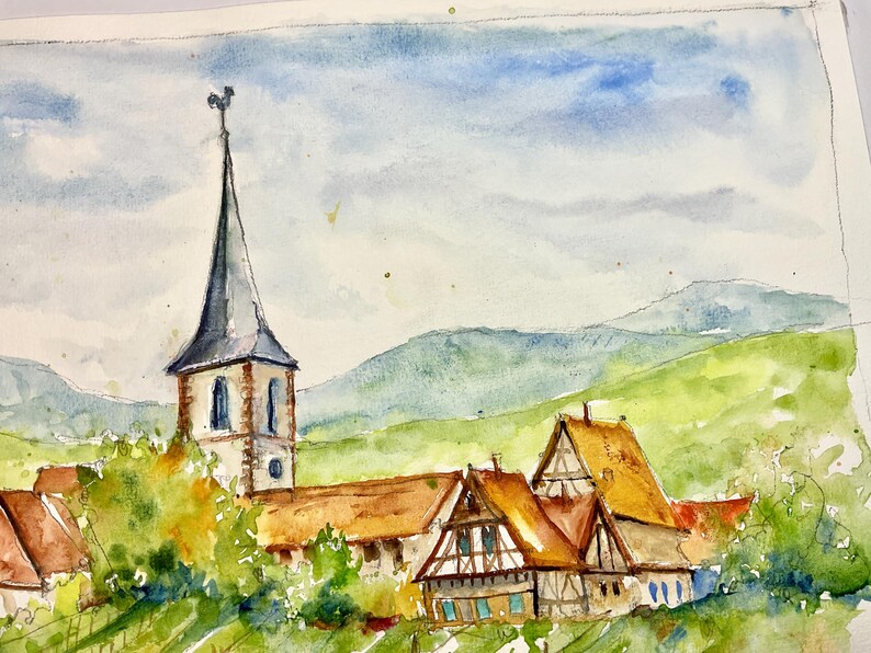 Alsatian Village in Watercolor, Original Painting of Vines on the Wine ...