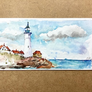 Original watercolor Portland Head lighthouse – Maine coastal landscape, Cape Elizabeth travel art