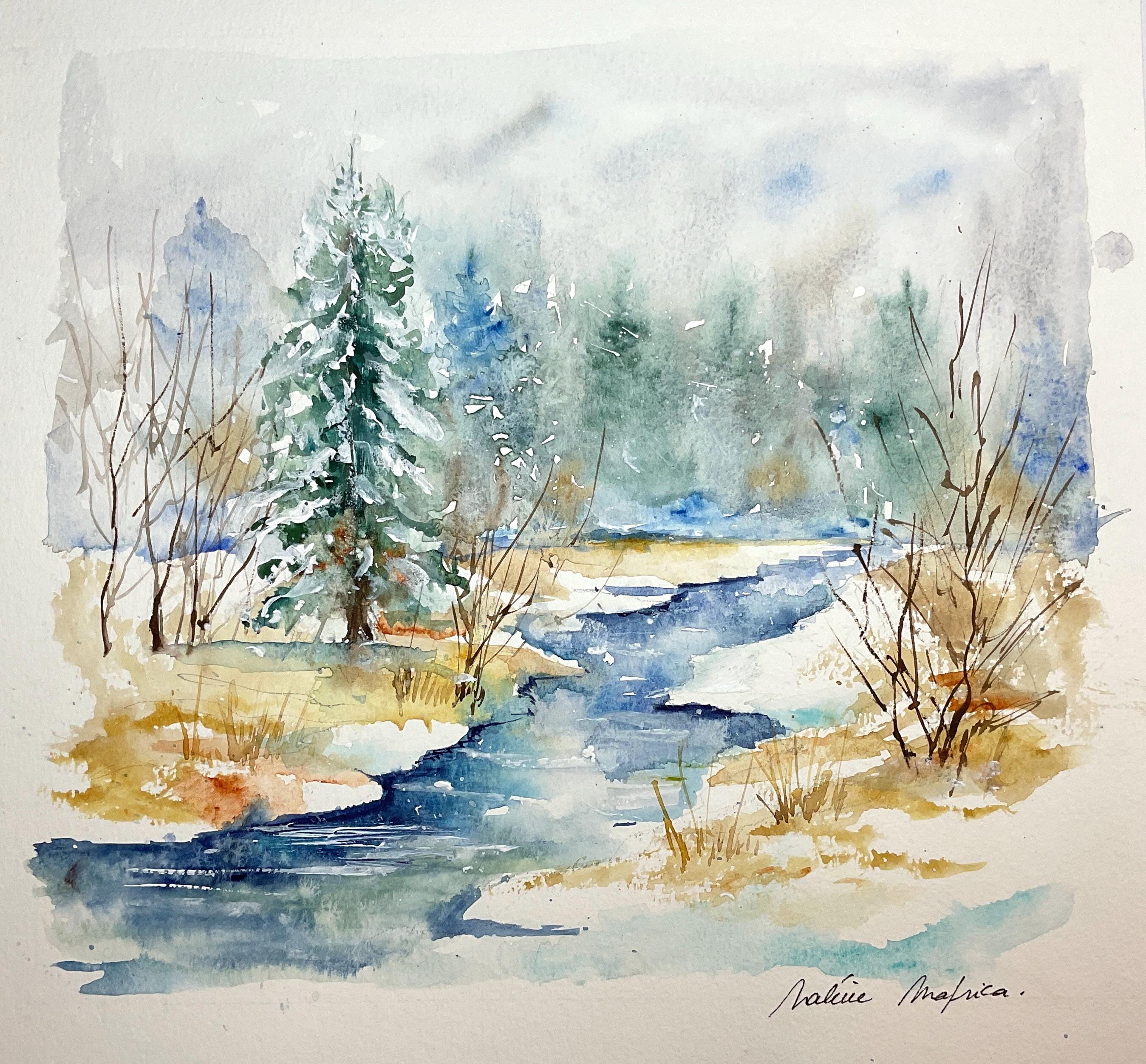 雪に覆われた冬の風景 – オリジナルの落ち着いた水彩画 – 雪の中の森と