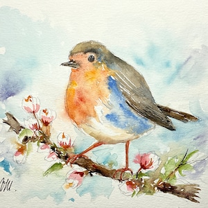 Robin original watercolor bird, garden robin, original robin painting, nursery bird decor, sweet bird deco for home, gift for bird lover