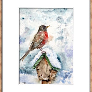 Original painting of a garden bird in winter, watercolor of a small bird in a blue gray winter setting, perched on a feeder
