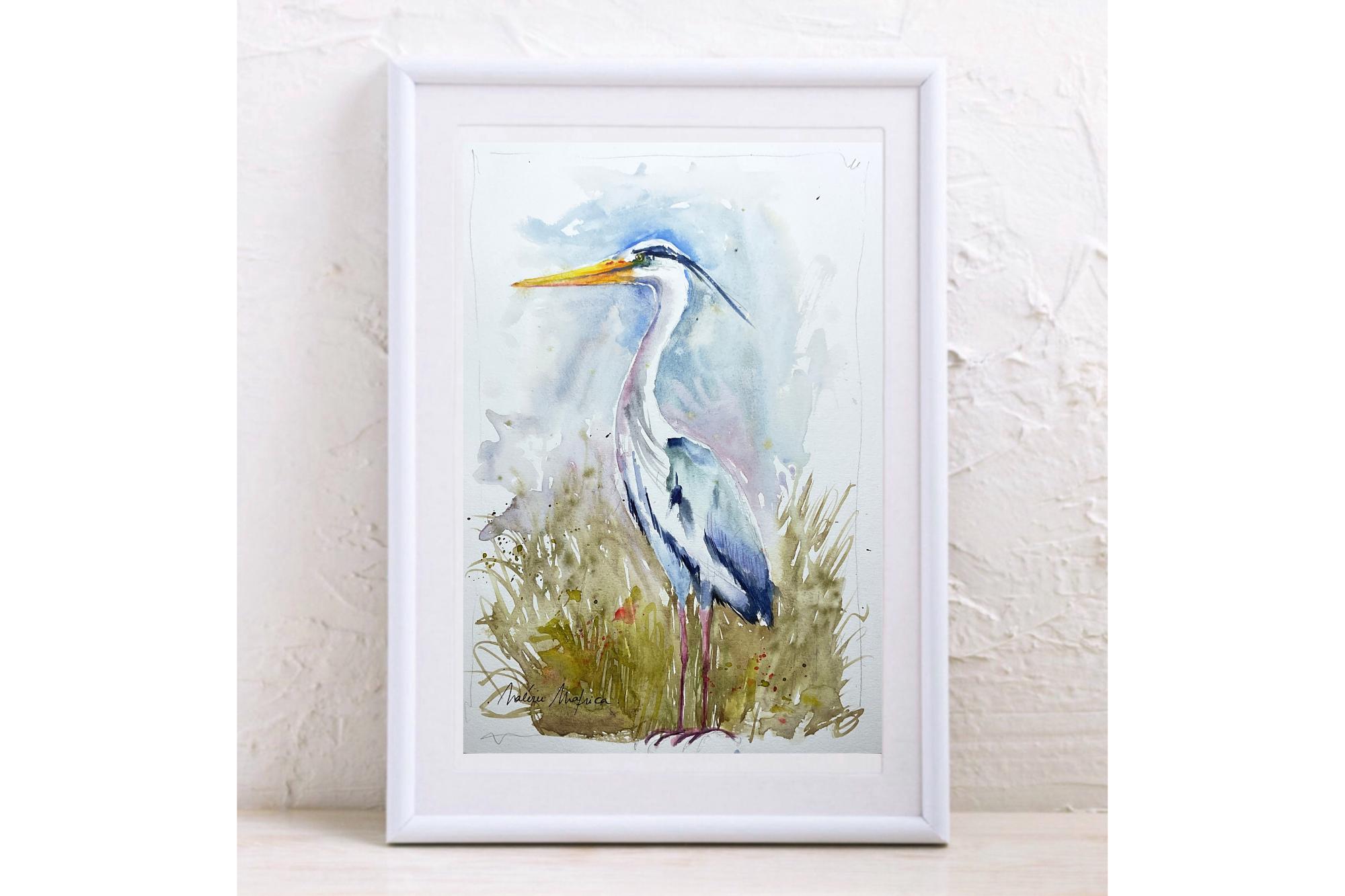 アオサギの絵画、アオサギのオリジナル水彩画、沼地や池の水鳥の絵画