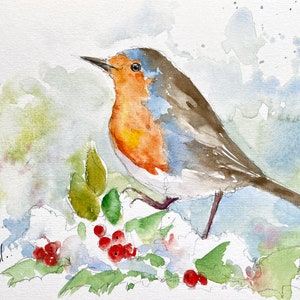 Robin original watercolor bird, garden robin, original robin painting, nursery bird decor, sweet bird deco for home, gift for bird lover