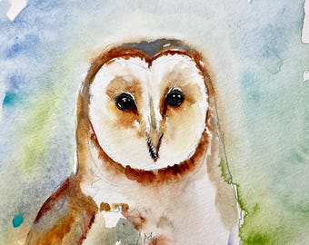 フクロウの水彩画、オリジナルのフクロウの絵画、フクロウの装飾