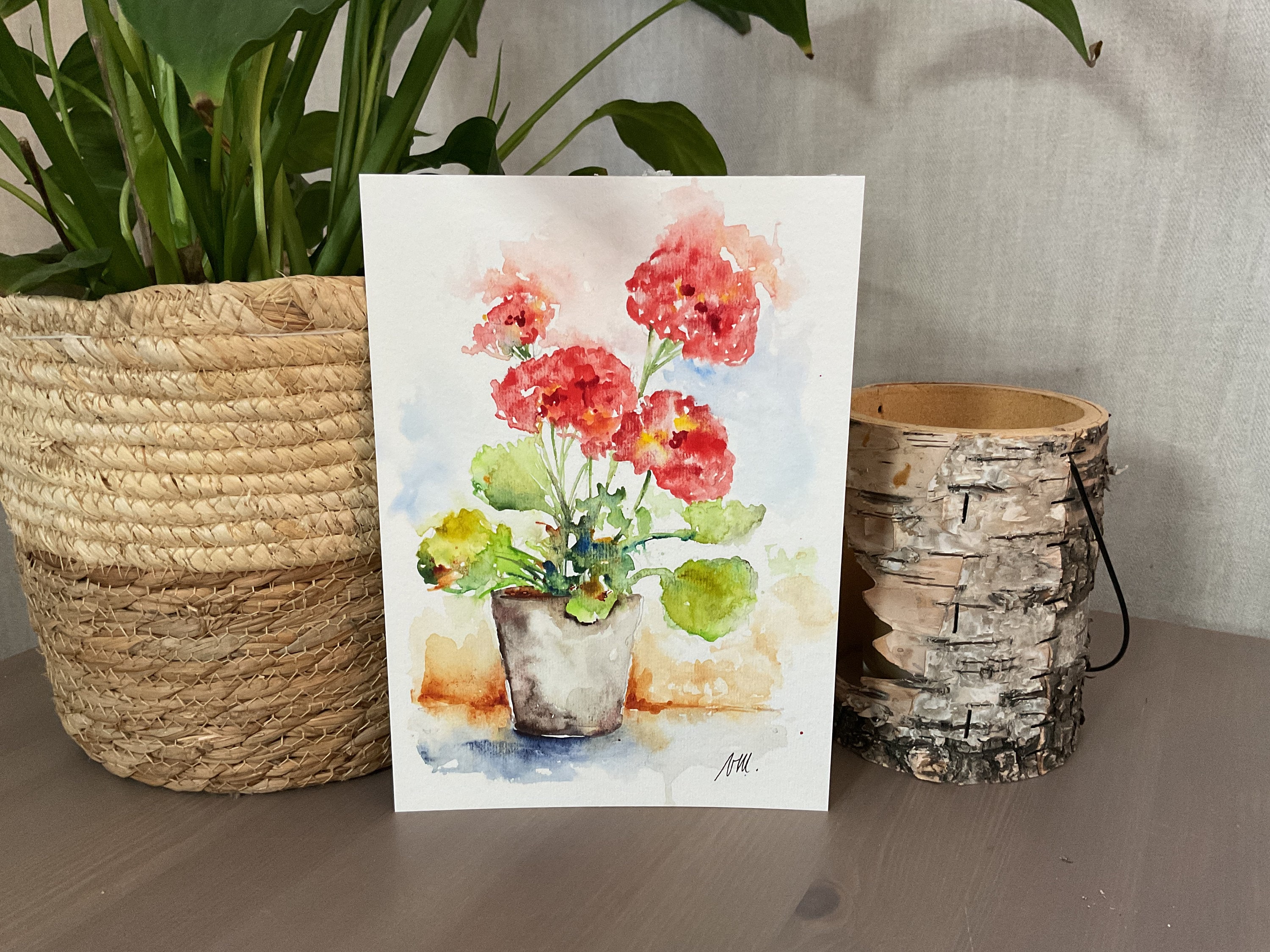 赤いゼラニウムの花の絵、庭の赤い夏の花のオリジナル水彩画、家の装飾