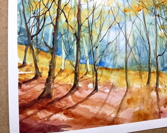 オリジナルの水彩画の森の絵画、下草の風景、木と自然の絵画、緑