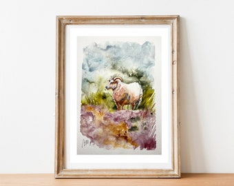 Original watercolor of a sheep in the Irish moorland, landscape painting in warm tones featuring typical Scottish rams,  shetland sheep art