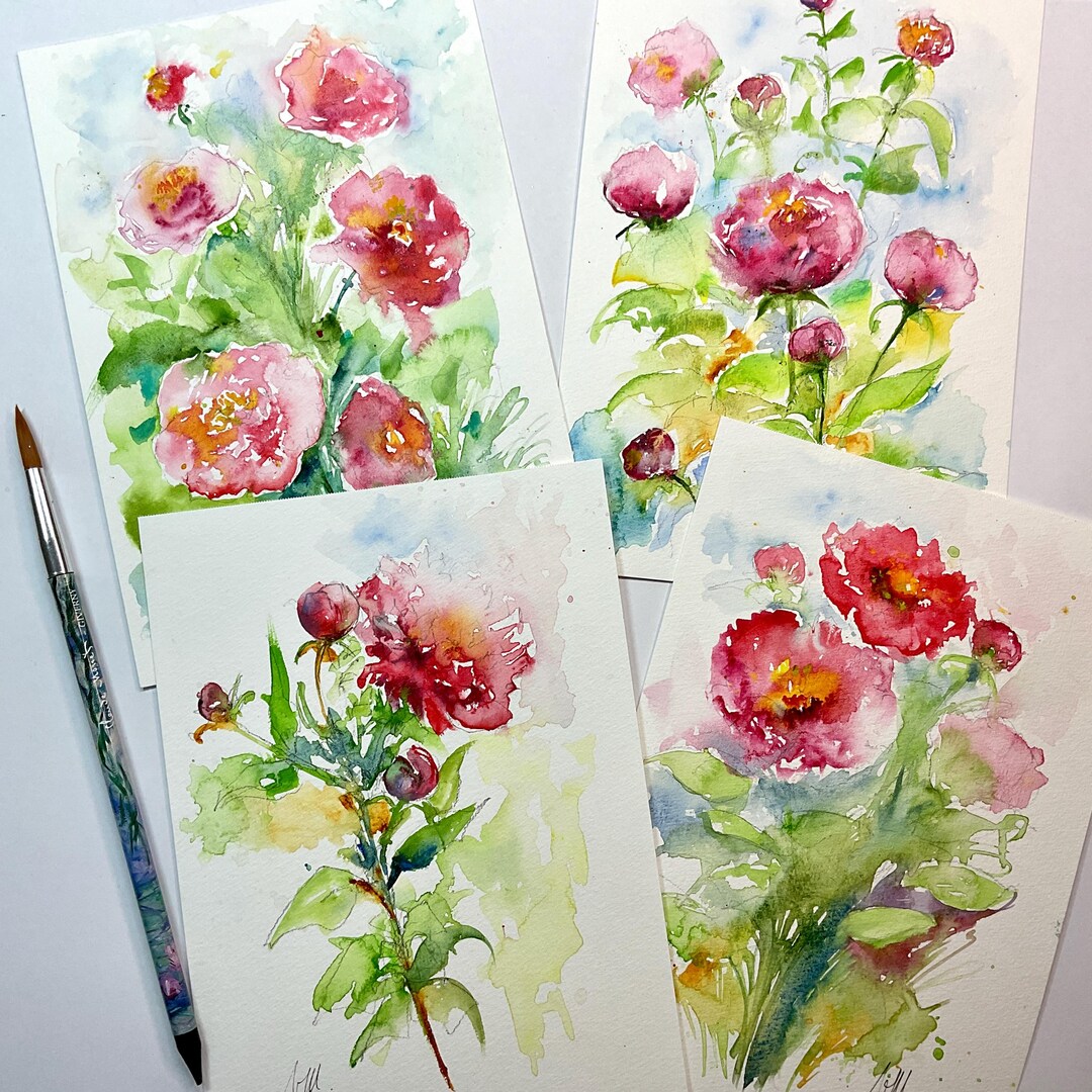 ピンクの牡丹と庭の花のオリジナル水彩画、色とりどりの花のオリジナル