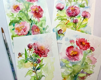 ピンクの牡丹と庭の花のオリジナル水彩画、色とりどりの花のオリジナル