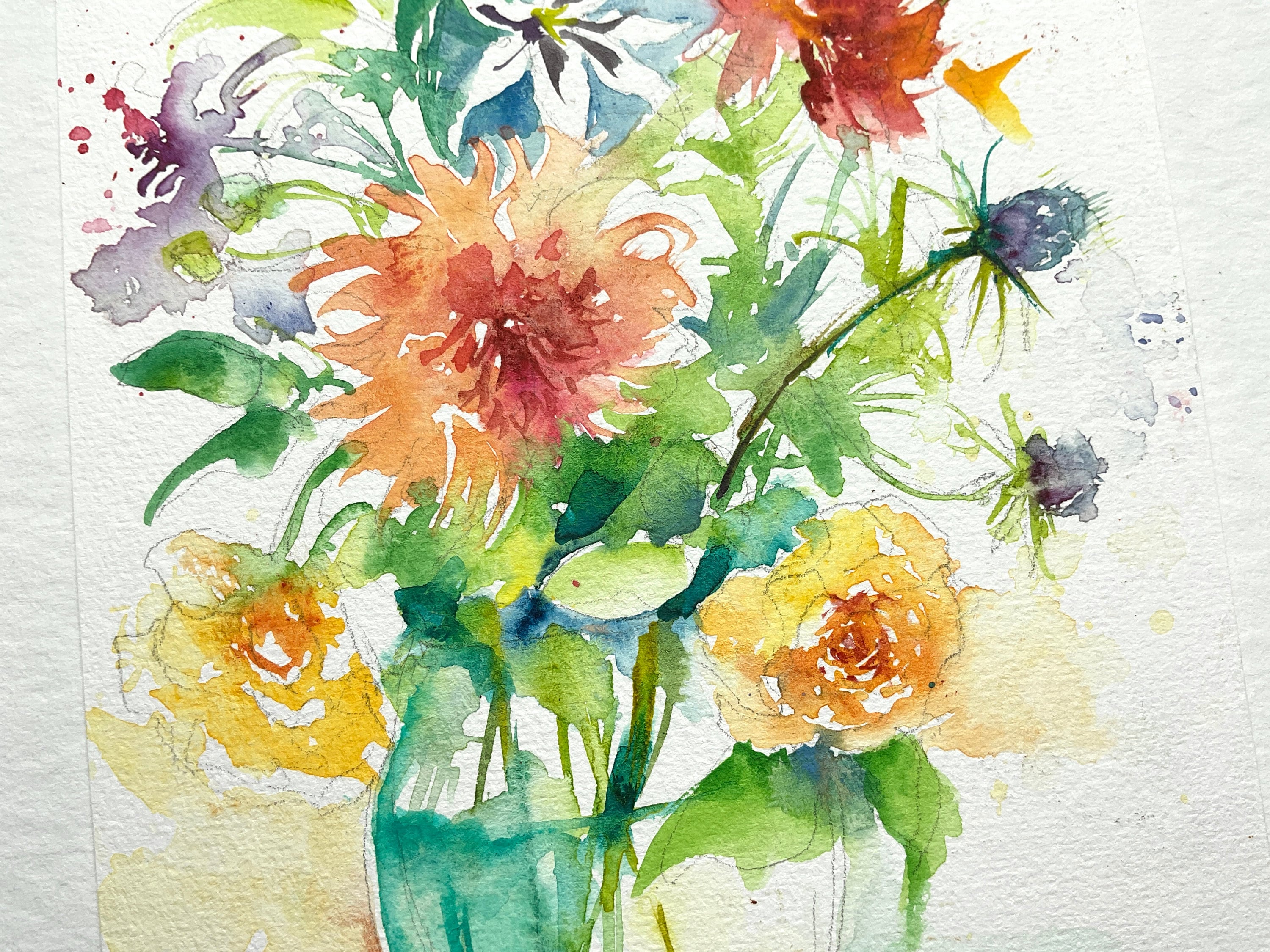水彩画の花束、花瓶に描かれた庭の花の絵、色とりどりの花束、女性への