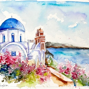 Tipico dipinto di paesaggio di Santorini in Grecia, acquerello originale della cupola blu, villaggio di Oia nelle Cicladi greche nel Mar Egeo