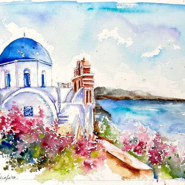 Peinture de paysage typique de Santorin en Grèce, aquarelle originale du dome bleu, village de Oia sur les cyclades Grecques en mer Égée