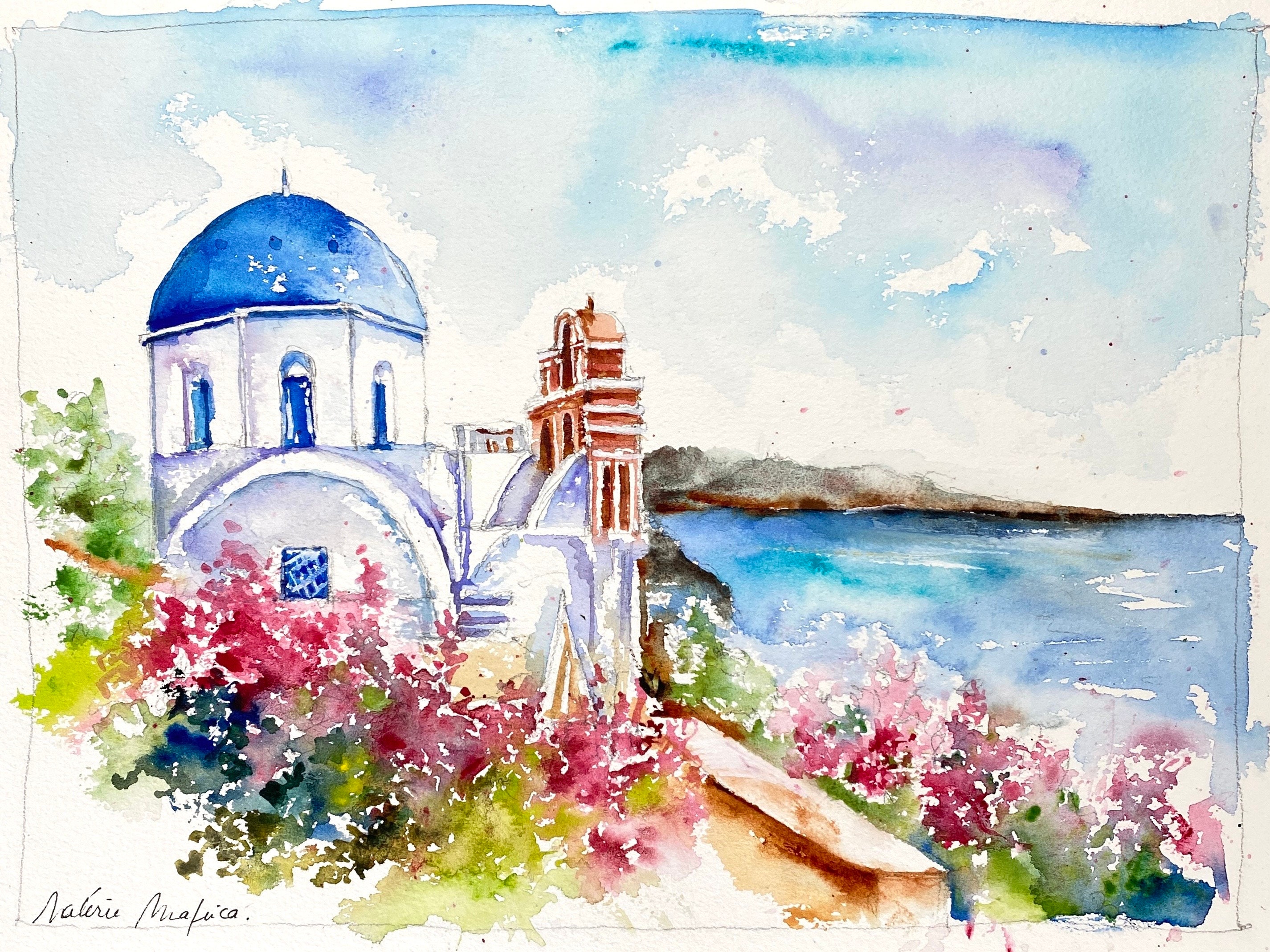ギリシャ　イドラ島　風景画　絵画 ギリシャのサントリーニ島の典型的な風景画、エーゲ海のギリシャ