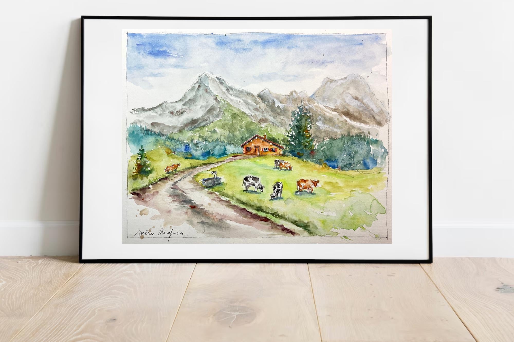 夏の山のオリジナル水彩画、山の風景画、アルプスの水彩画、アラヴィス