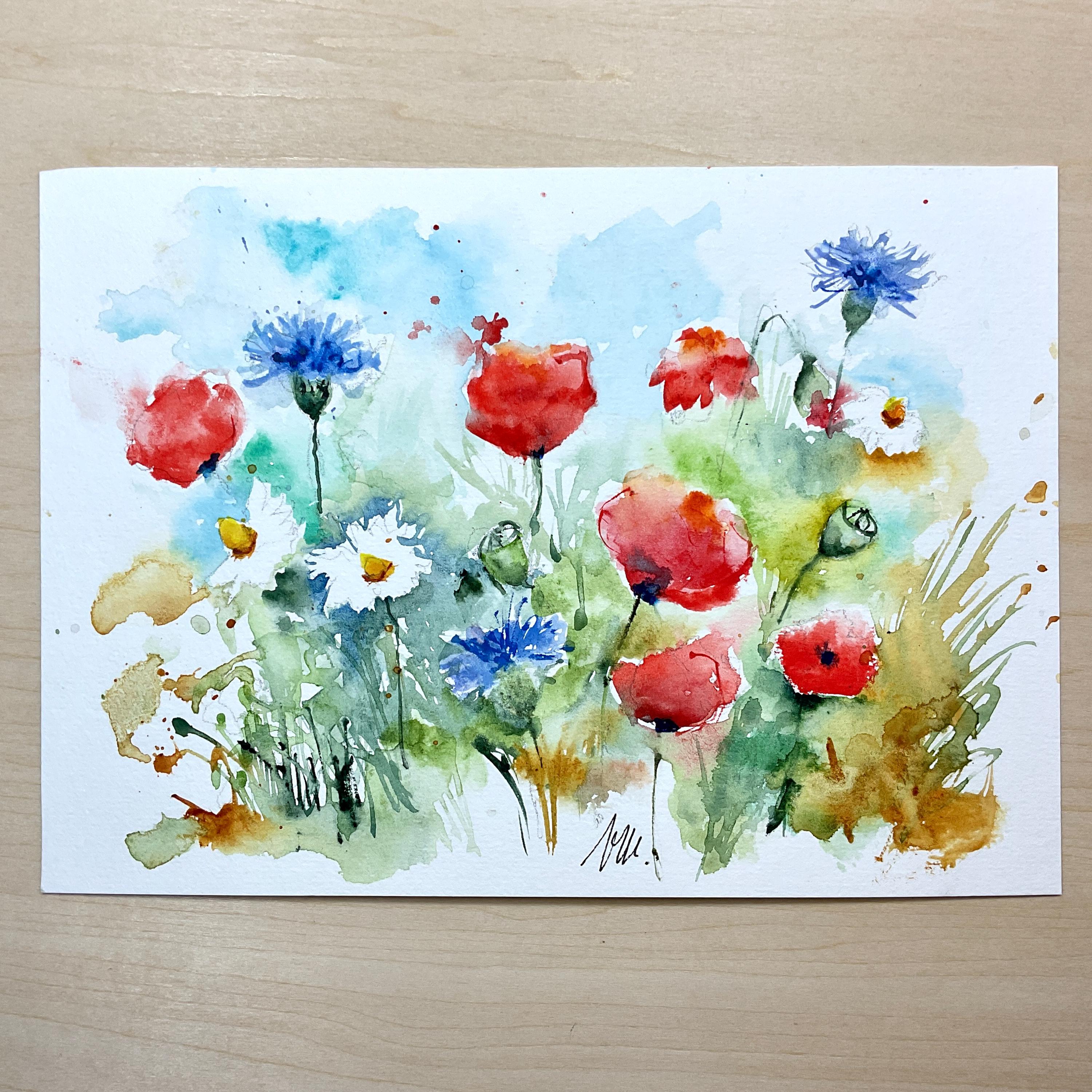 水彩画「ポピーの咲く頃」 ポピーの水彩画、野原の赤いポピーの花のオリジナルアート、野生の花の