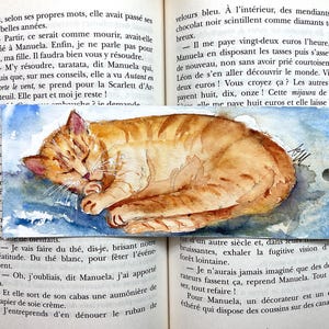Slapende gemberkat bladwijzer, origineel aquarel kattenschilderij, gestreepte gemberkat op bladwijzer, gepersonaliseerd bladwijzercadeau