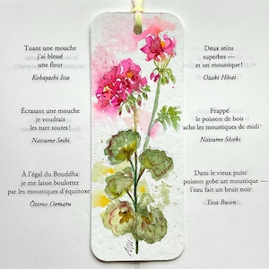 Marque-page géranium rose, peinture de géranium en aquarelle originale sur signet, signet fait-main pour livre, cadeau lectrice pélargonium