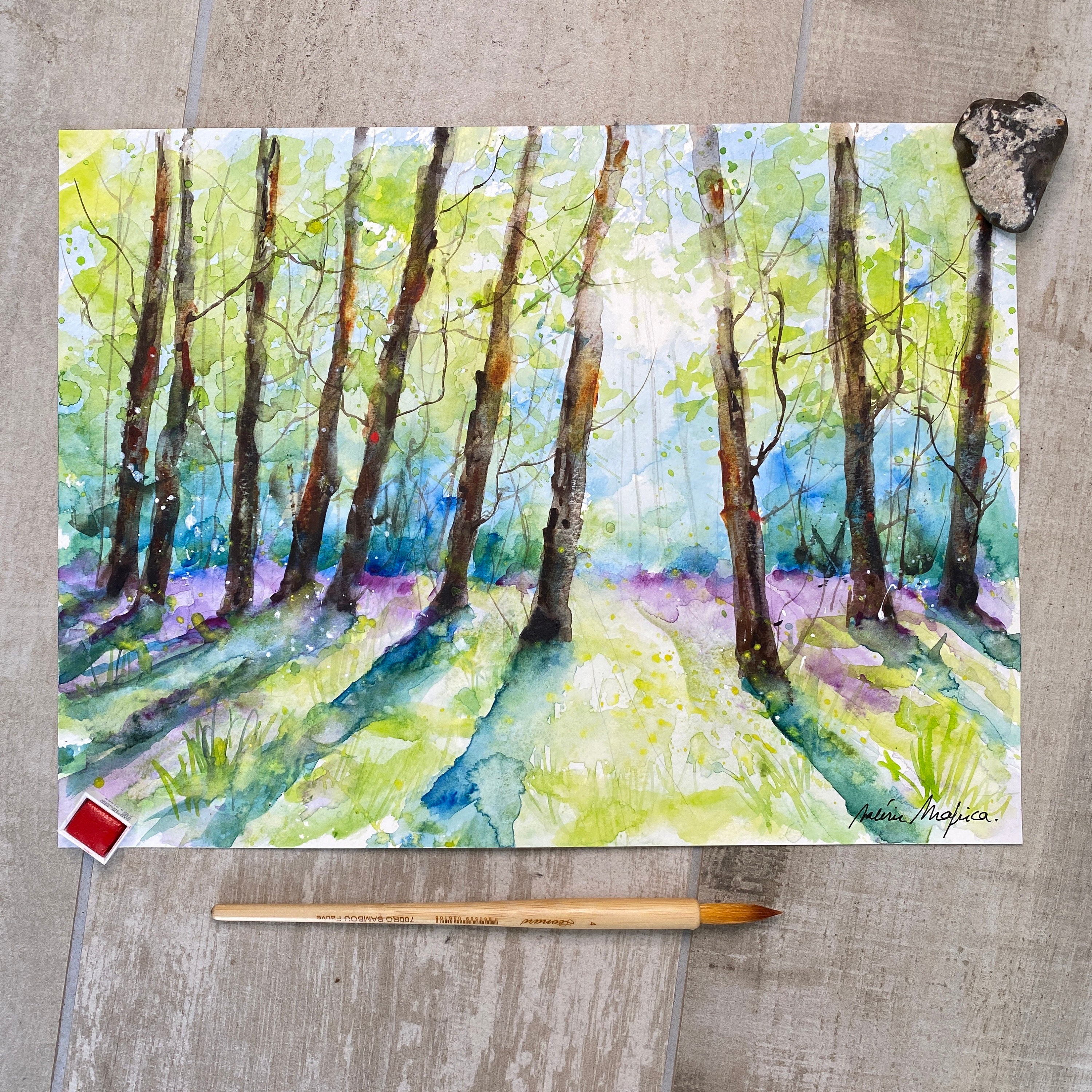 森の絵画「小春ブナ森」 明るい春の森のオリジナル絵画、光に照らされた木々と葉の本物の水彩画