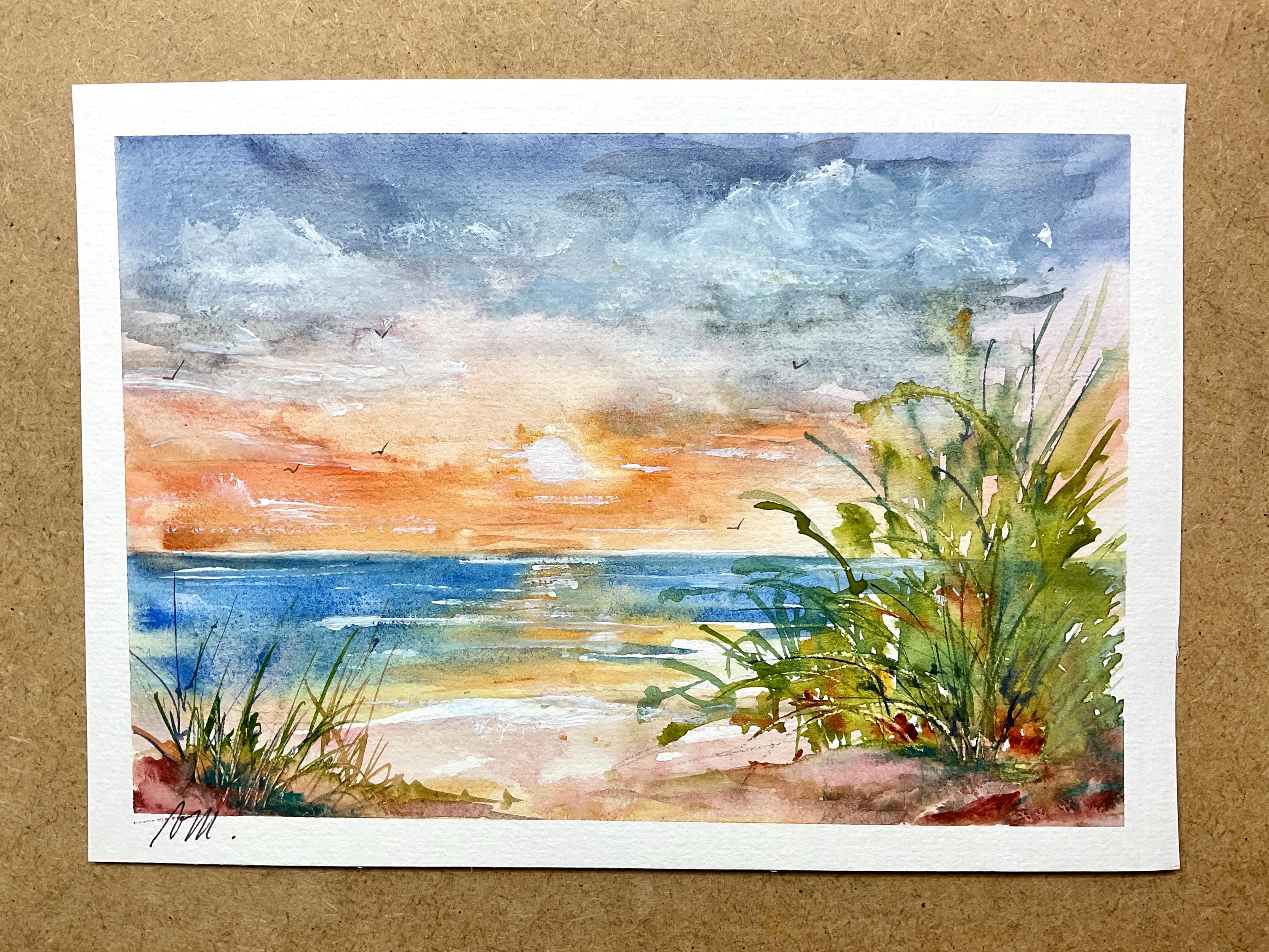 海の夕日の絵画、華やかでロマンチックな海の夕日、白熱した空の