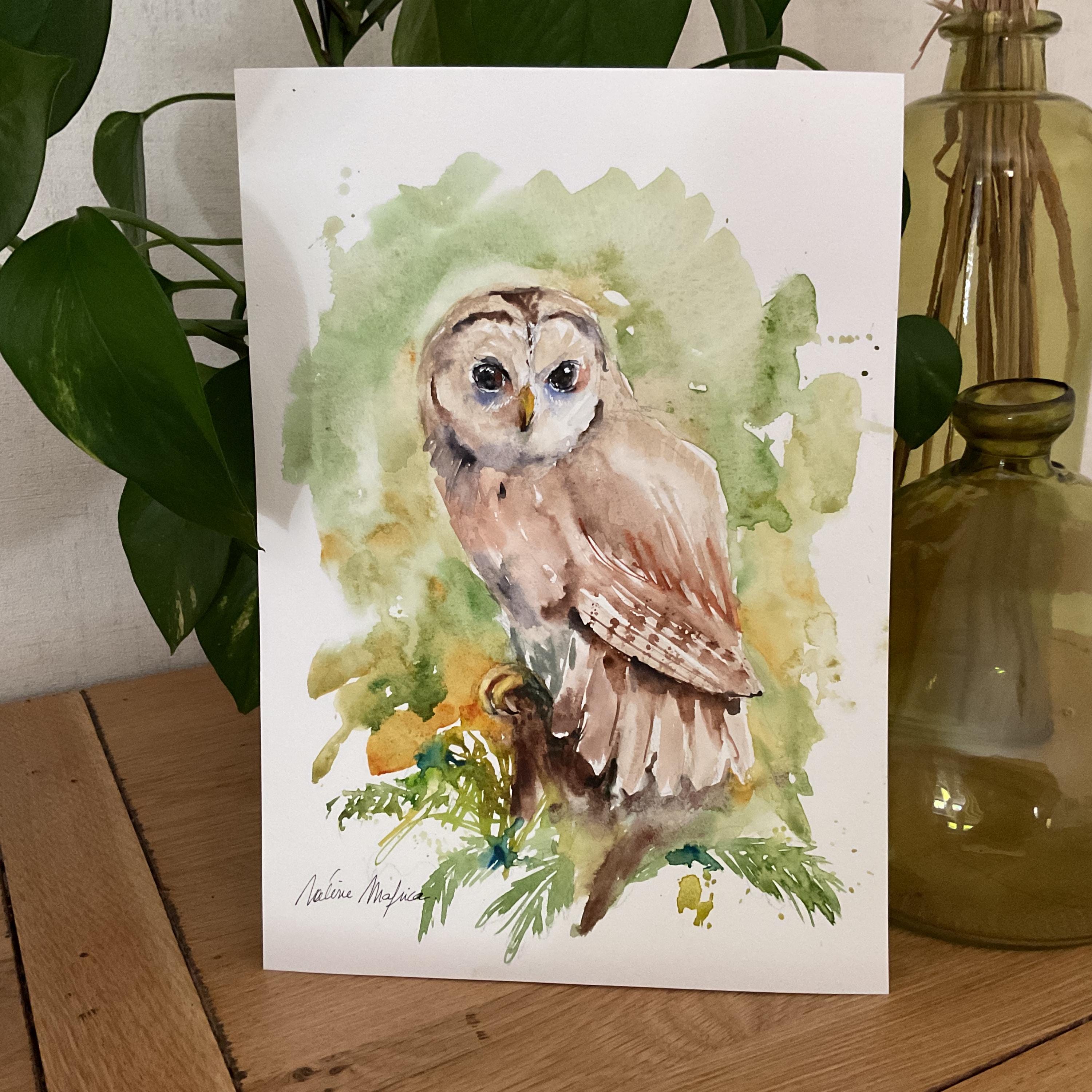 水彩フクロウ、オリジナルのフクロウの絵画、フクロウの装飾、フクロウ