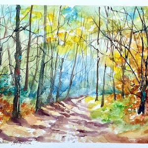 春の森のオリジナル水彩画、柔らかい緑の葉を持つスミレと木々の絵画