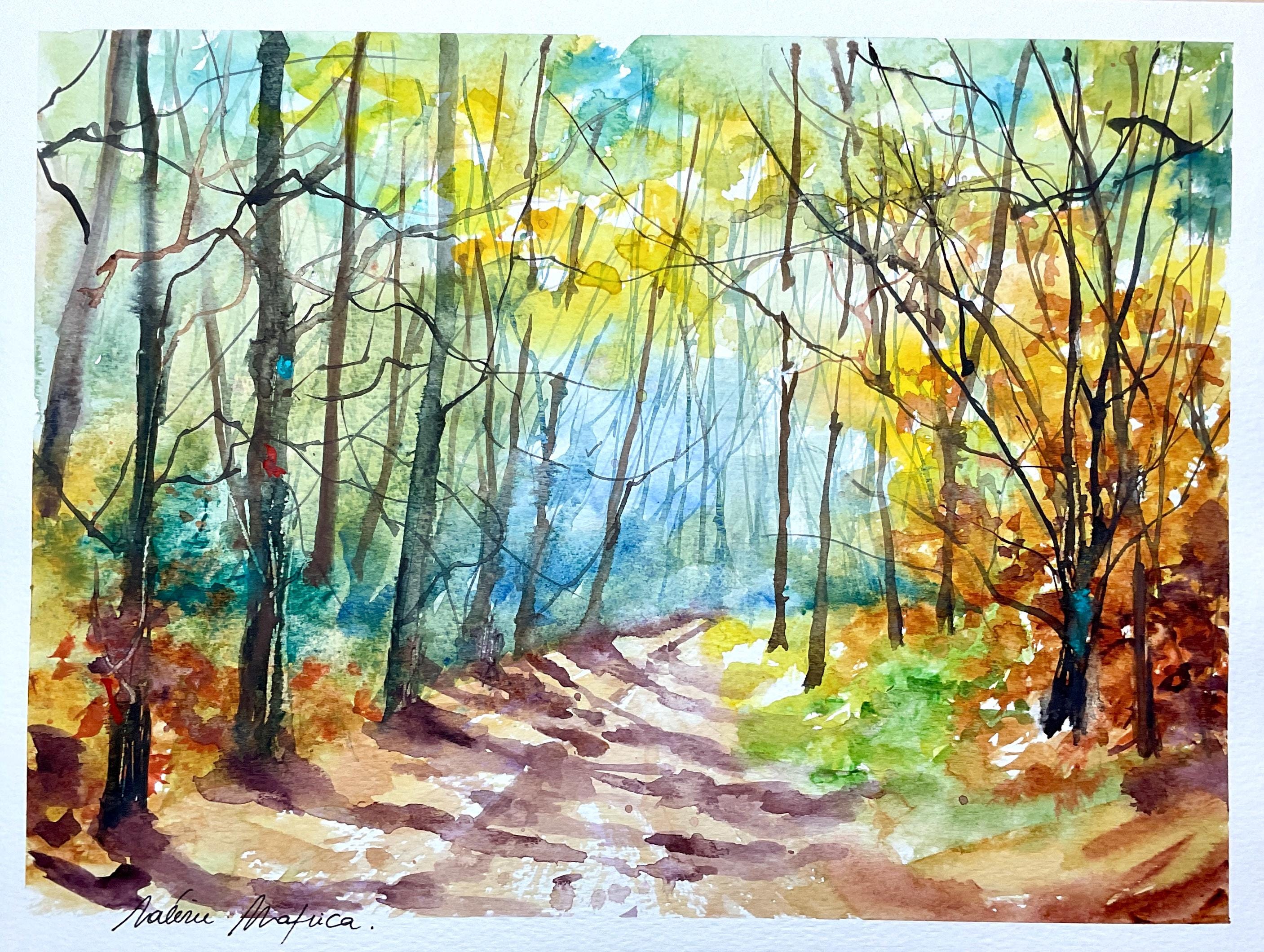 風景画 水彩画 『森の呼吸』 オリジナルの水彩画：森の中、森の風景、秋のハイキングコースの絵画