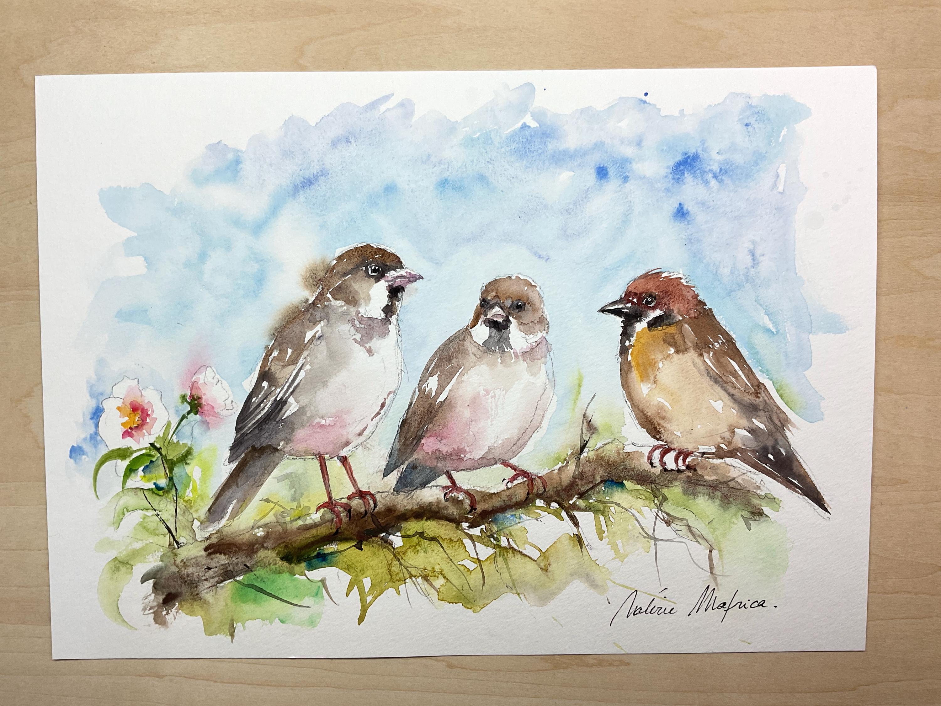 スズメのオリジナル水彩画、枝にとまる鳥の壁飾り、子供部屋の装飾
