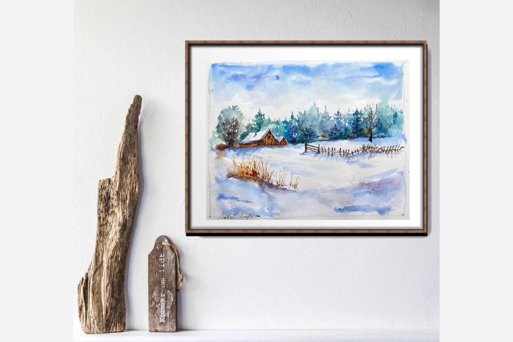 オリジナルの水彩画に描かれた雪の下の納屋、冬の田舎の風景