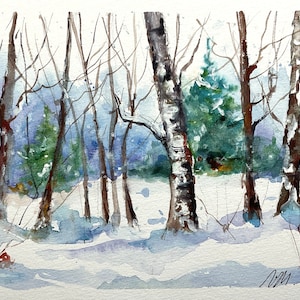 Dipinto originale invernale e neve bianca nella foresta, acquerello di alberi in inverno, paesaggio forestale invernale, decorazione da parete in legno per la casa