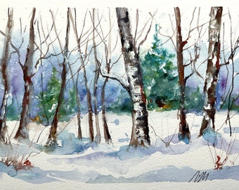 Peinture originale hiver et neige blanche en forêt, aquarelle des arbres en hiver, paysage forestier hivernal, décor mural bois de la maison