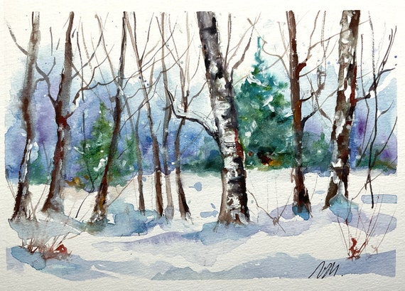 森の冬と白い雪のオリジナル絵画、冬の木の水彩画、冬の森の風景、家の