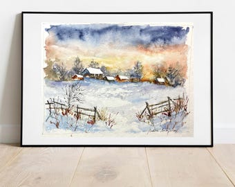 雪に覆われた田舎の夕焼けの風景のオリジナル絵画、雪の中の冬の家の