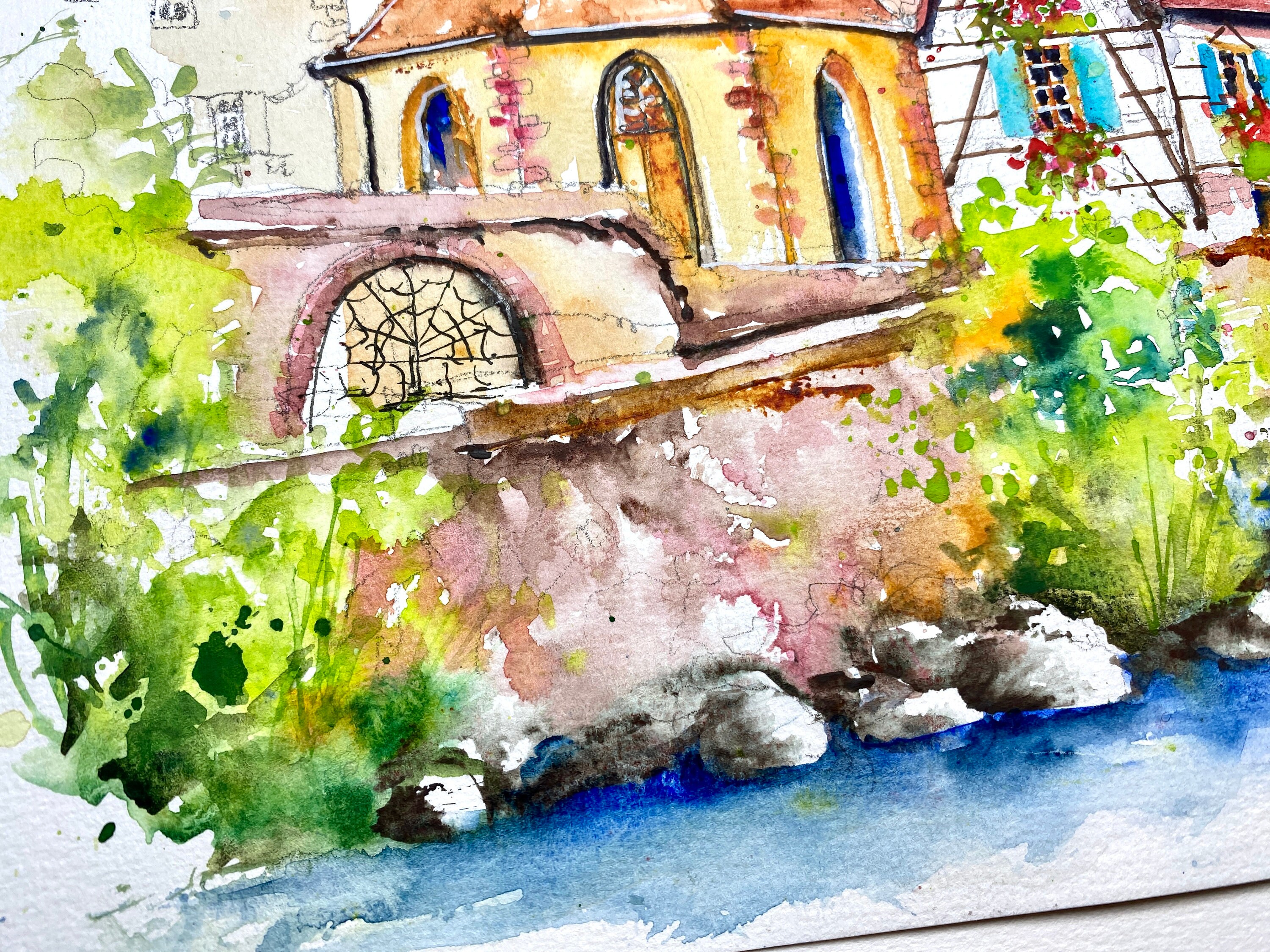 水彩画 フランス リクヴィール 路地裏 額付き 水彩画ポストカード5枚セット〈フランス・パリの風景〉 ポスト