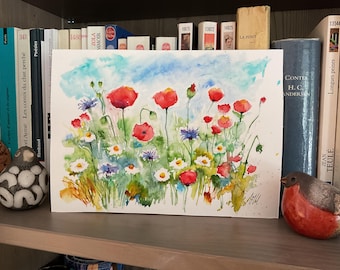 ポピーの水彩画、野原の赤いポピーの花のオリジナルアート、野生の花の