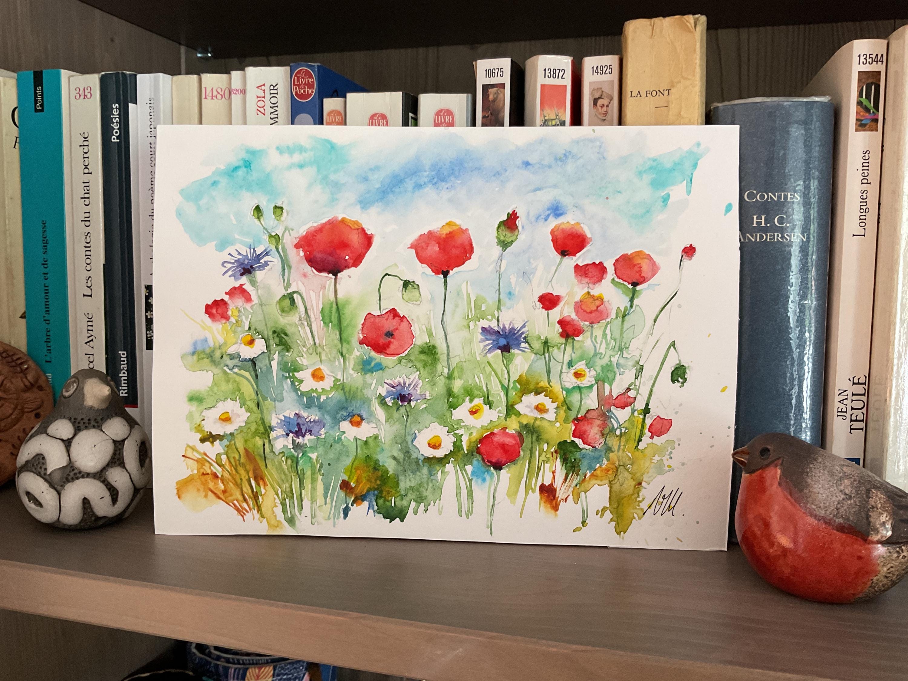 ポピーの水彩画、野原の赤いポピーの花のオリジナルアート、野生の花の