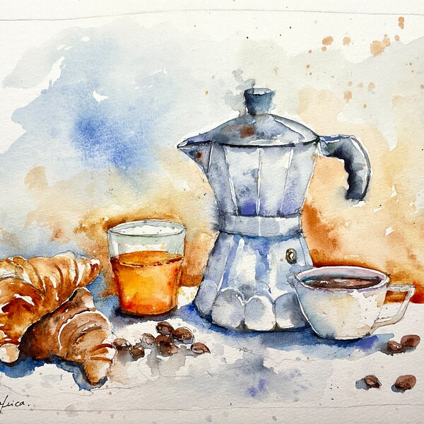 Peinture de cafetière à moka italien avec tasse et grains de café, aquarelle originale thème du café pour décoration cuisine ou bar expresso