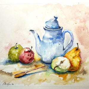 Acquerello originale di una brocca blu con mele e pere, Dipinto per la decorazione della cucina, Natura morta colorata per l'autunno, Regalo